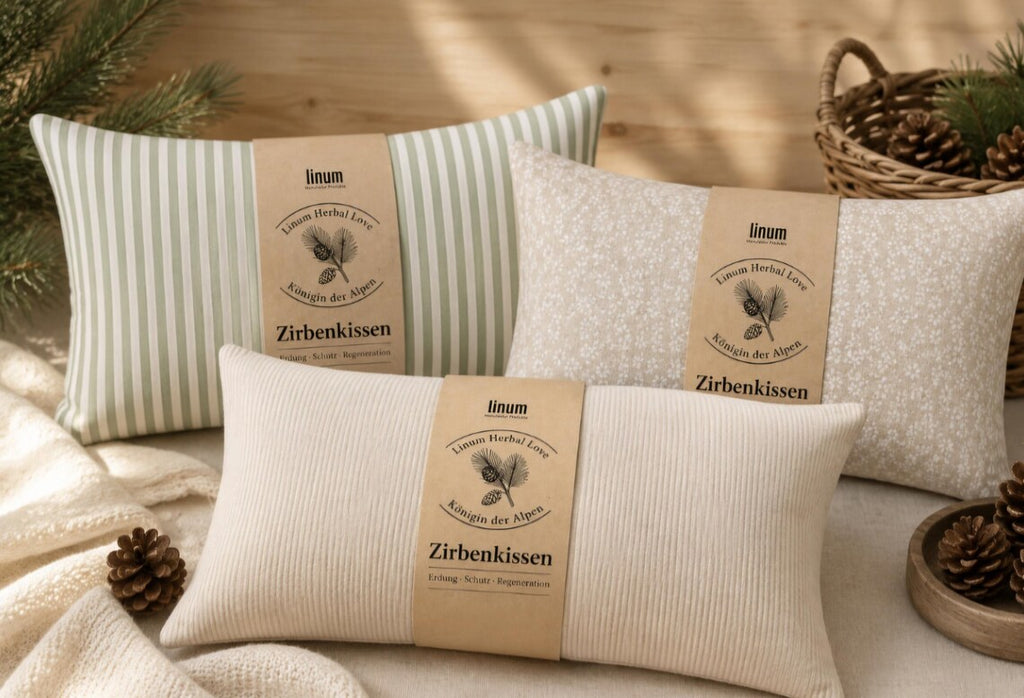 Zirbenkissen 30 x 50 cm - Duftkissen mit Zirbe, Bezug aus Leinen mit Streifenmuster