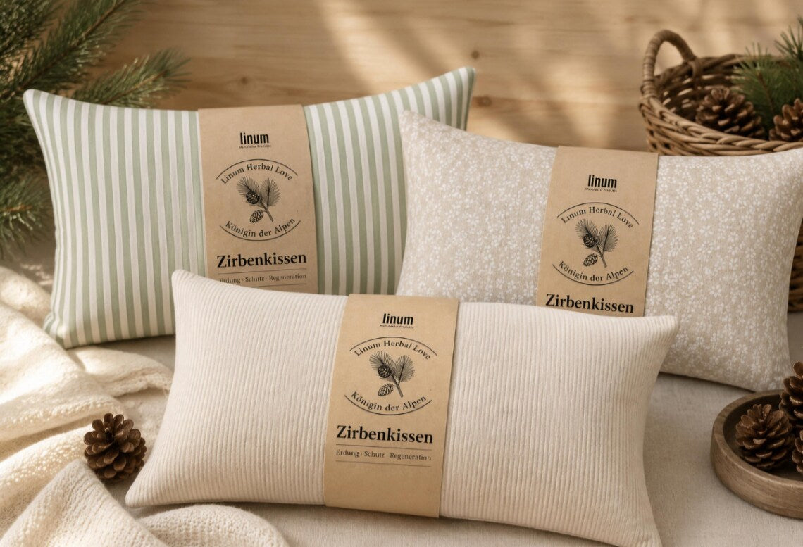 Zirbenkissen 30 x 50 cm - Duftkissen mit Zirbe, Bezug aus Leinen mit Streifenmuster