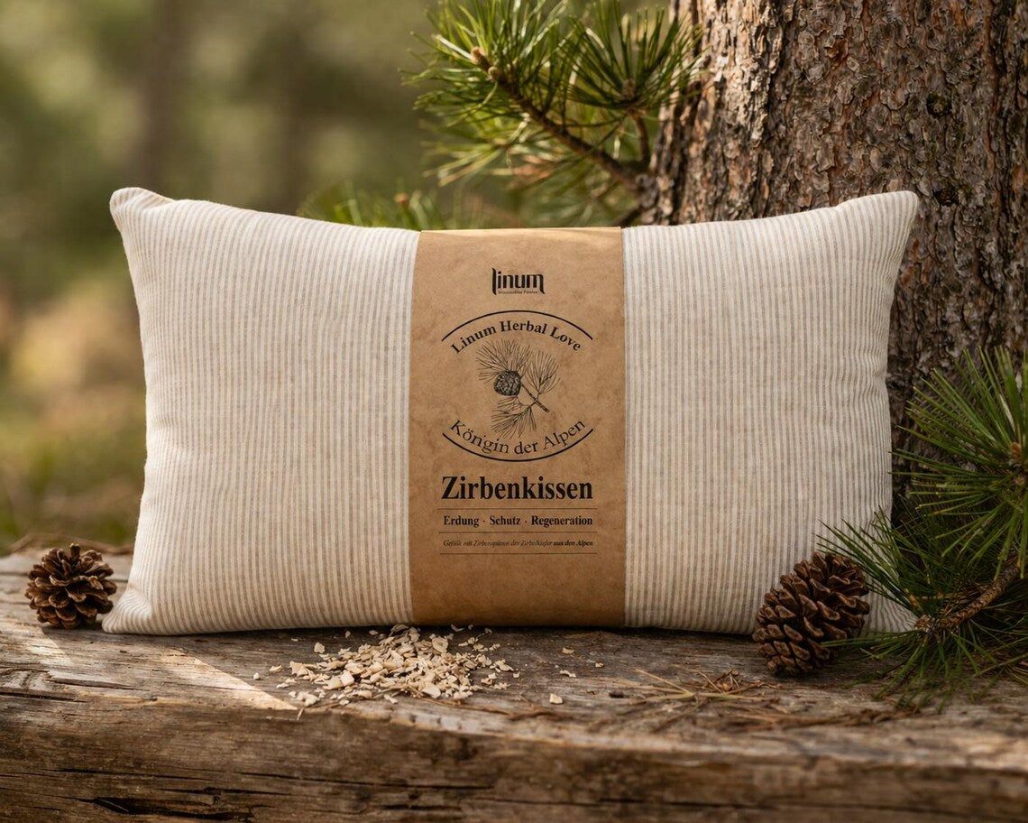 Zirbenkissen 30 x 50 cm - Duftkissen mit Zirbe, Bezug aus Leinen mit Streifenmuster