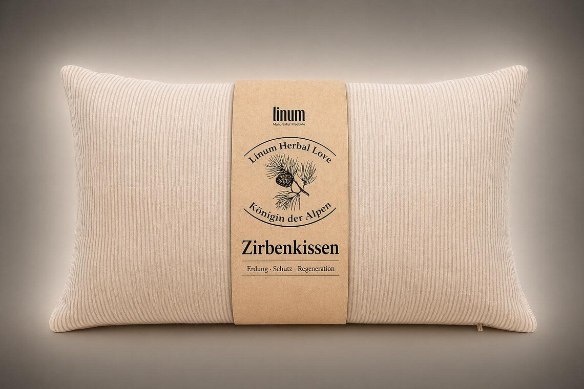 Zirbenkissen 30 x 50 cm - Duftkissen mit Zirbe, Bezug aus Leinen mit Streifenmuster
